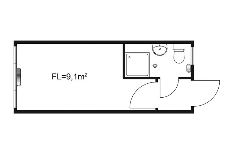 Raummodul 6,0×2,5 m mit Windfang, WC und Dusche