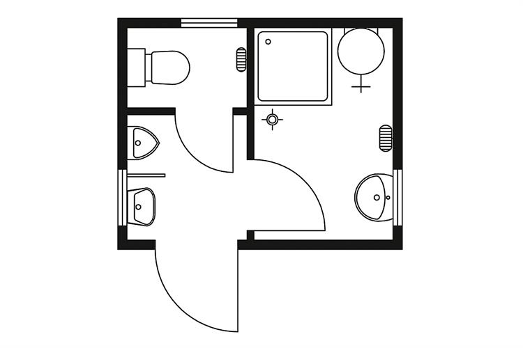 Sanitärmodul 3,0×2,5 m, WC, Dusche und Urinal bis 10 Personen