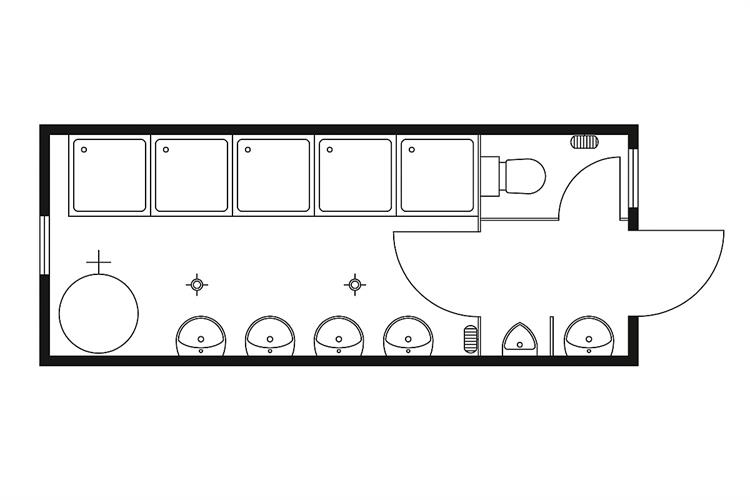 Dusch-Container, 6,0 x 2,5 m, 5 Duschen, 1 WC, 4 Waschbecken, Tür stirnseitig