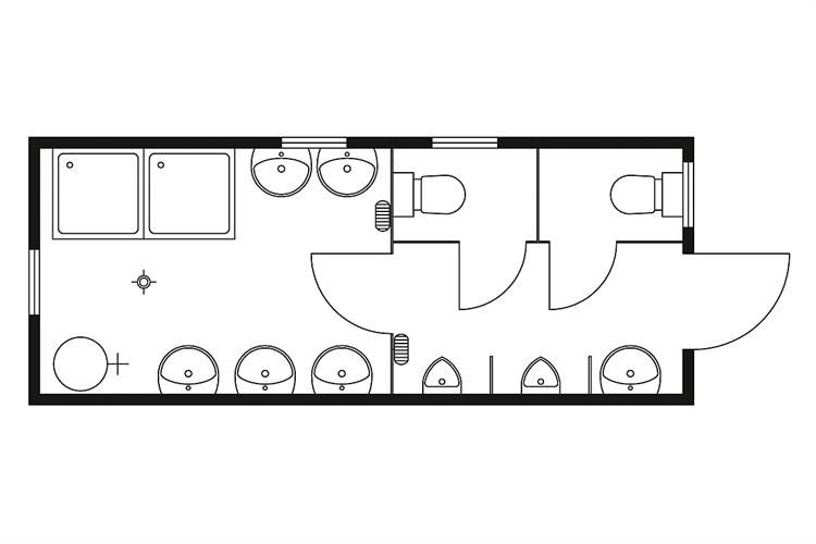 Sanitär-Container 6,0 x 2,5 m, WC/Duschen/waschen bis 25 Personen