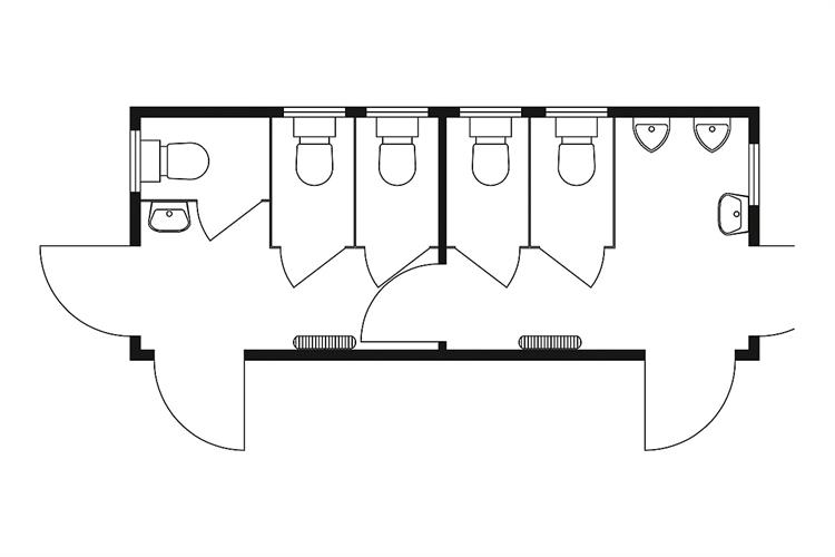 WC-Container 6,0×2,5 m, Damen/Herren, 5 WC